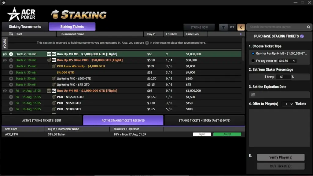 ACR Poker staking screen showing the $15.50 staking ticket received from my Vault Rush 2026 reward