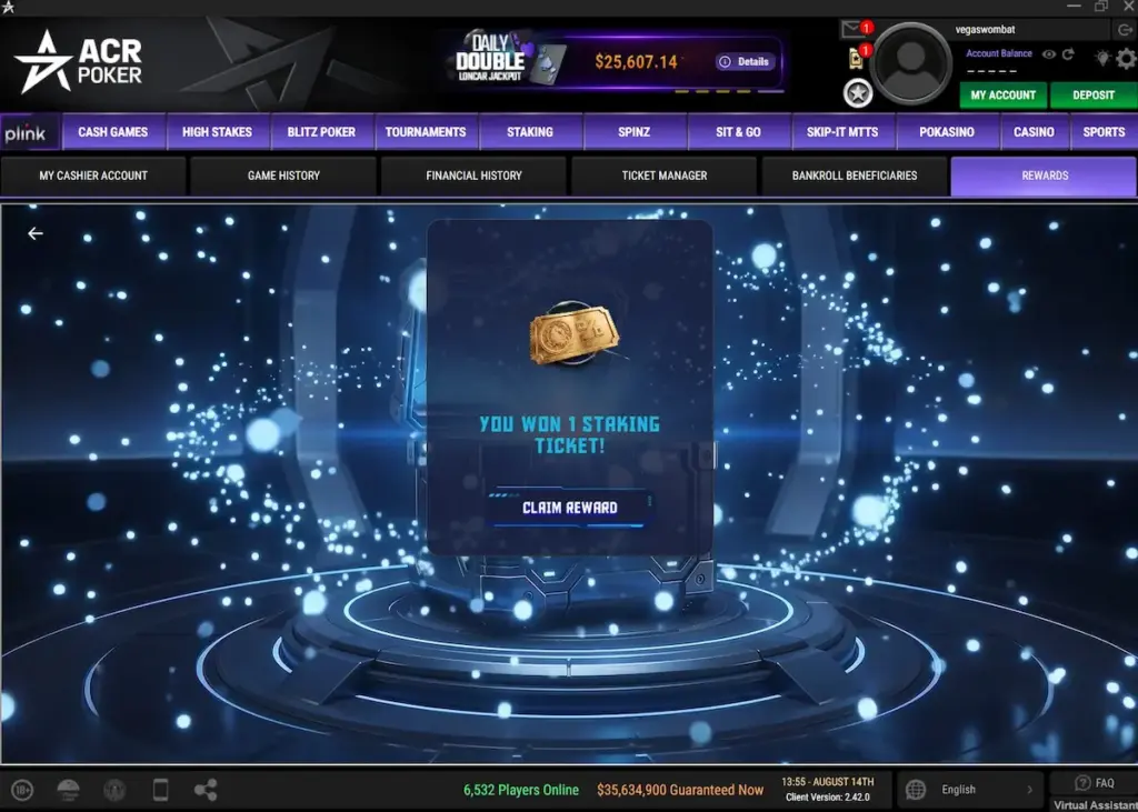 ACR Vault Rush 2026 reward screen showing a staking ticket won from a Vault Rush key