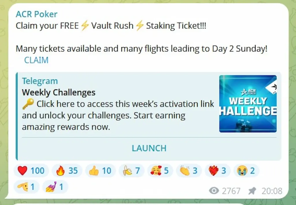 ACR Vault Rush 2026 Telegram post showing the weekly activation link and Launch button
