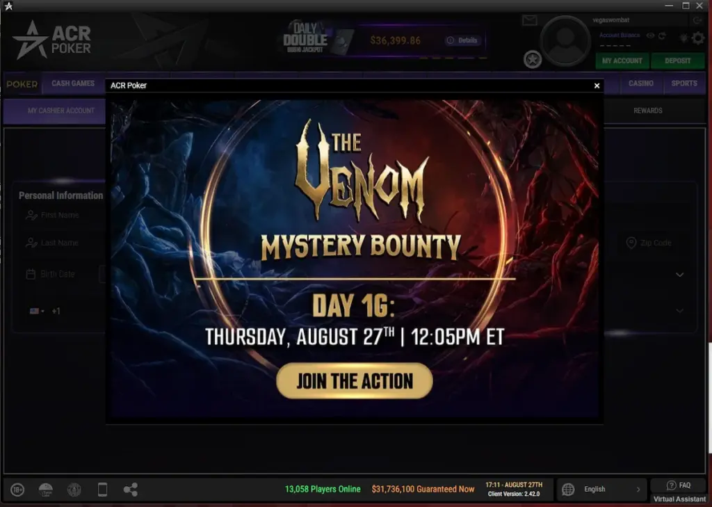 ACR Poker Venom Mystery Bounty Day 1G promotion for August 27, 2026