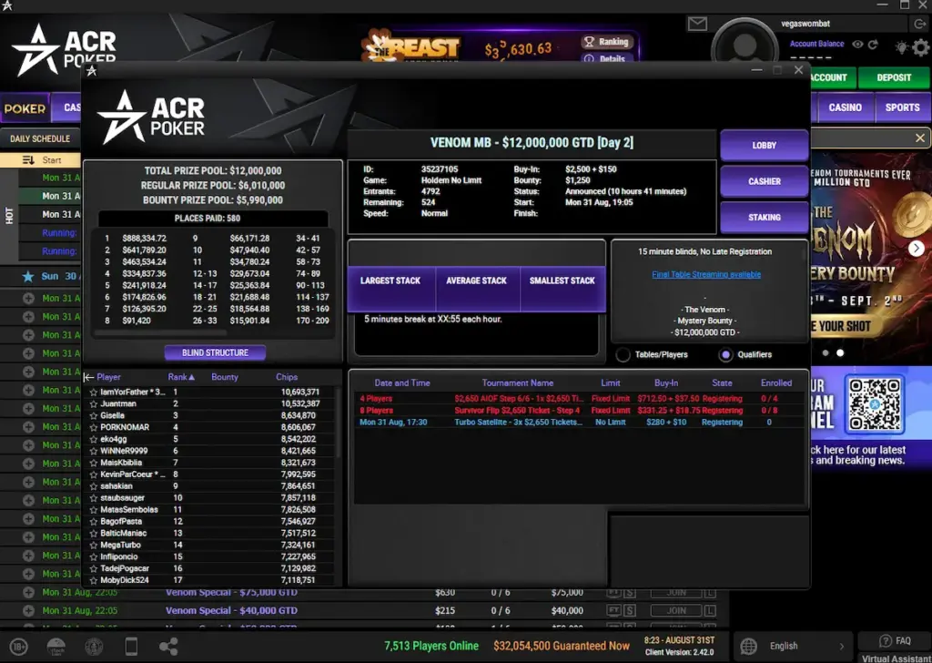 ACR Poker Venom Day 2 lobby showing 4,792 entries in the $12 million guaranteed Mystery Bounty