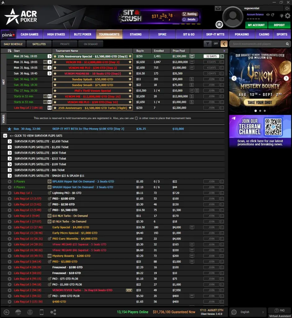 ACR Poker Venom lobby showing 2,847 entries in the $12 million guaranteed NLH Mystery Bounty on August 27, 2026