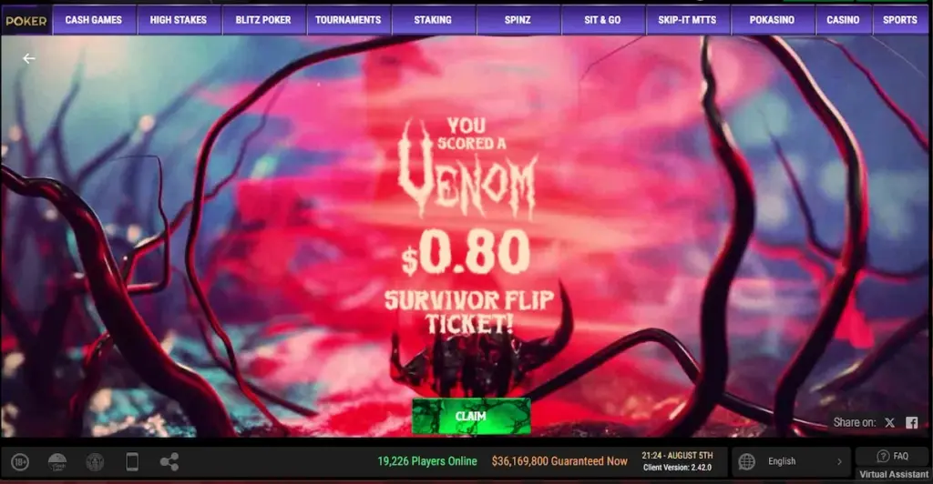 ACR Venom Vault result showing a $0.80 Survivor Flip ticket prize