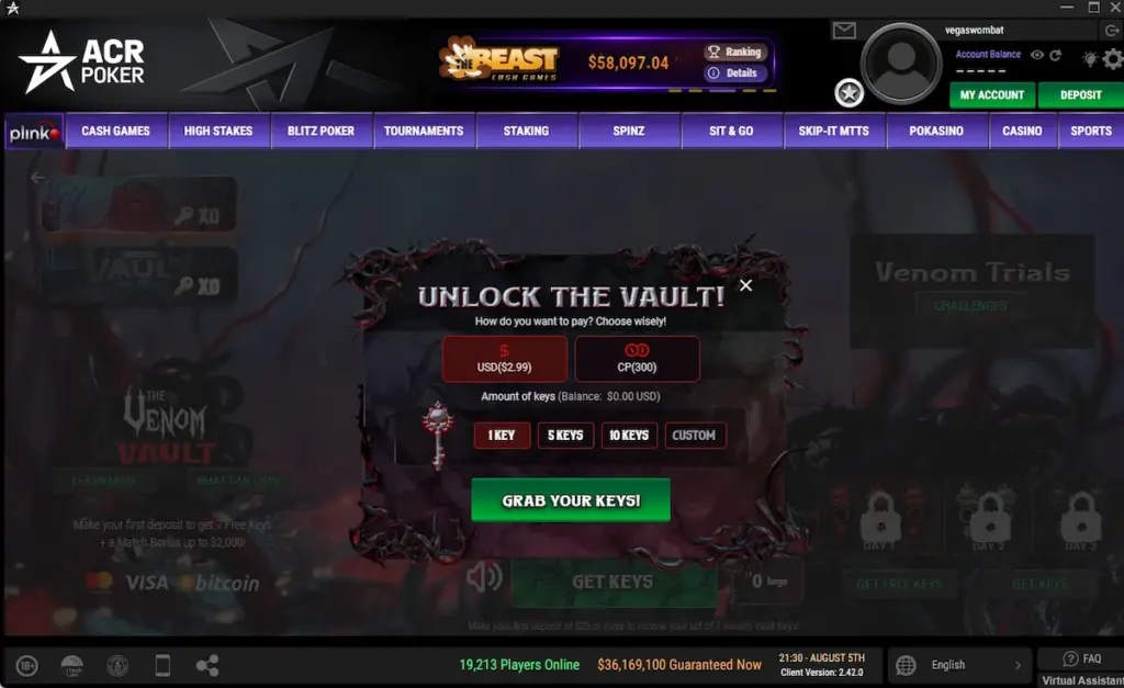 ACR Venom Vault screen showing keys available for $2.99 or 300 Combat Points