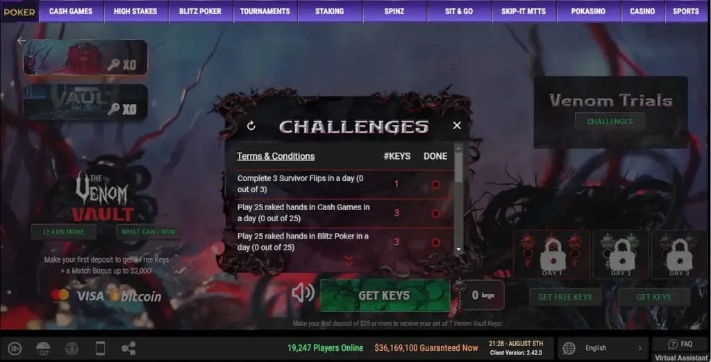 ACR Poker Venom Trials challenge list showing ways to earn Venom Vault keys