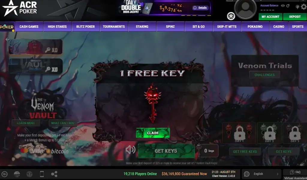 ACR Poker Venom Vault screen showing one free key available to claim