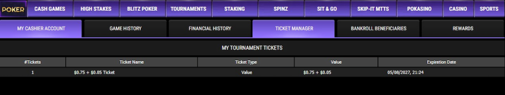 ACR Poker Ticket Manager showing the $0.80 Survivor Flip ticket won from the Venom Vault
