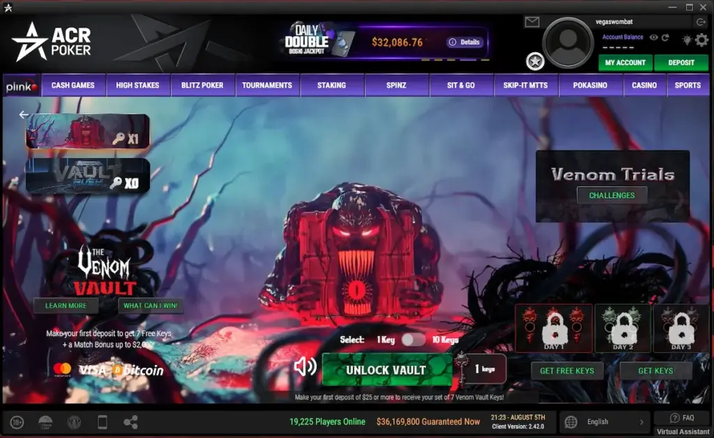 ACR Poker Venom Vault screen showing one key ready to unlock the Vault