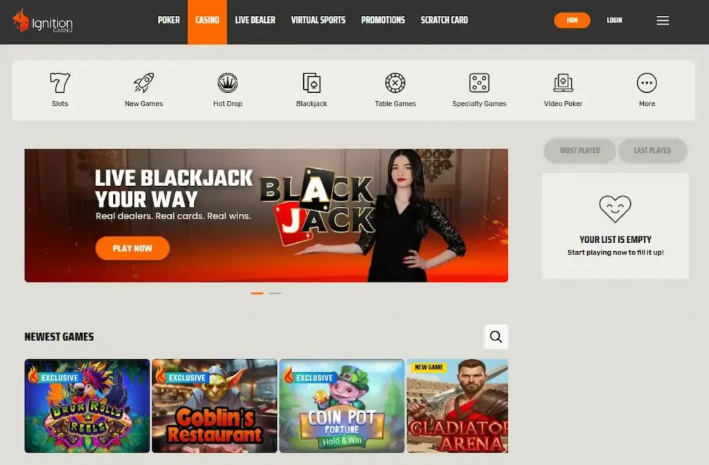 Casino lobby showing slots, Hot Drop, blackjack, table games, specialty games and video poker categories