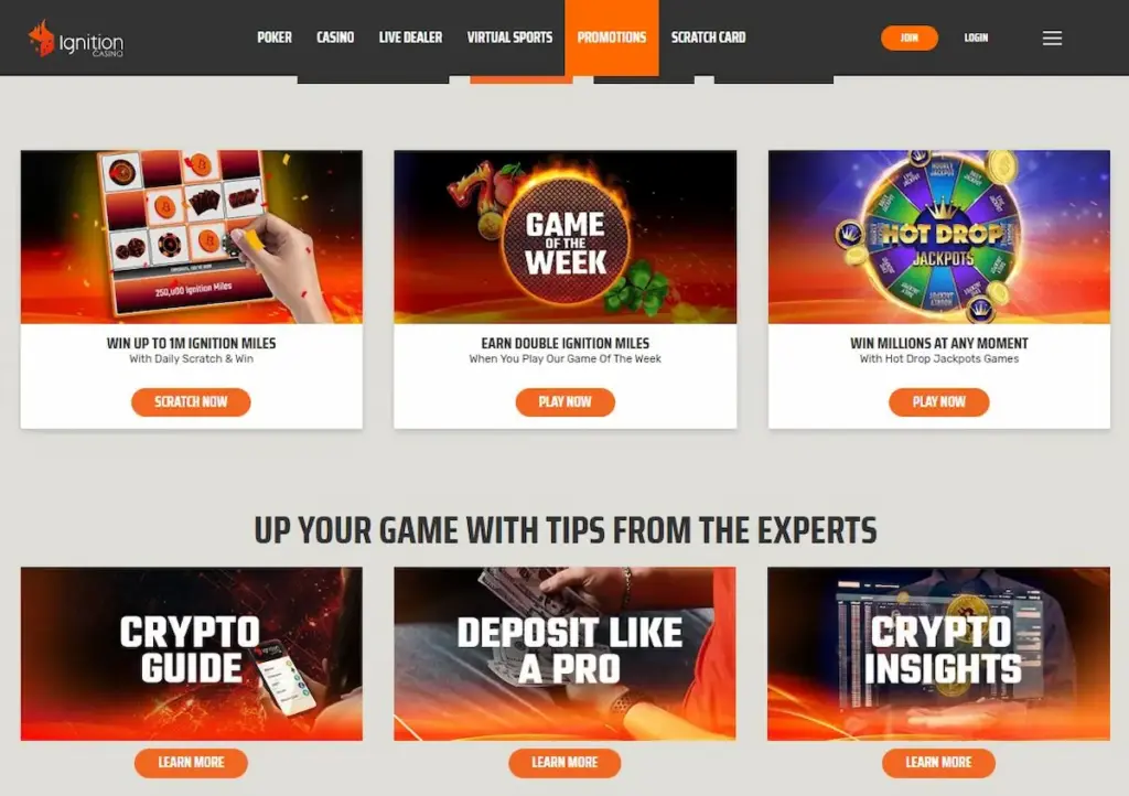 Ignition promotion cards for Daily Scratch and Win, Game of the Week and Hot Drop Jackpots