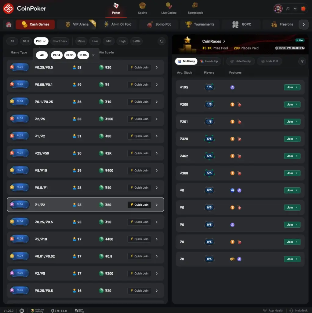 CoinPoker online poker lobby displaying active PLO4, PLO5, and PLO6 cash game tables