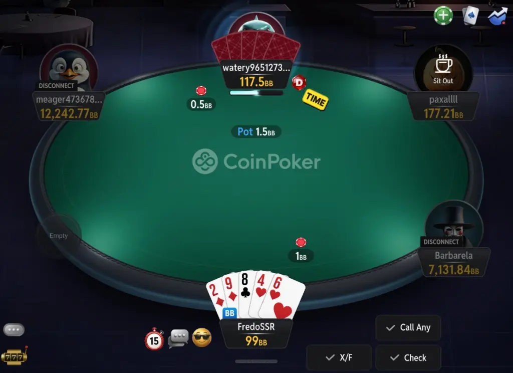 A five-card Pot-Limit Omaha starting hand on a CoinPoker virtual table