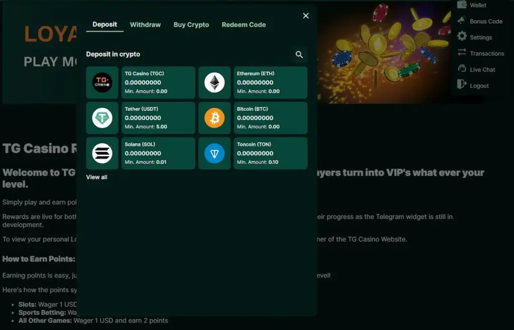 TG Casino deposit window listing TGC, Ethereum, USDT, Bitcoin, Solana and Toncoin