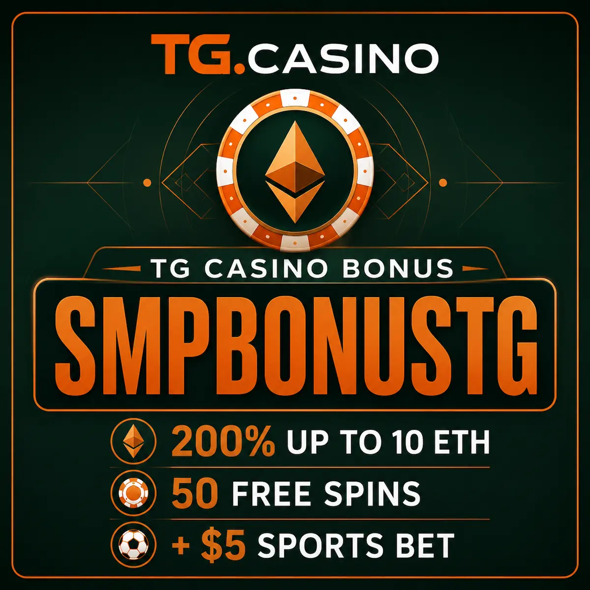 G Casino bonus code SMPBONUSTG beside the 200% up to 10 ETH offer, 50 Free Spins and $5 Sports Bet