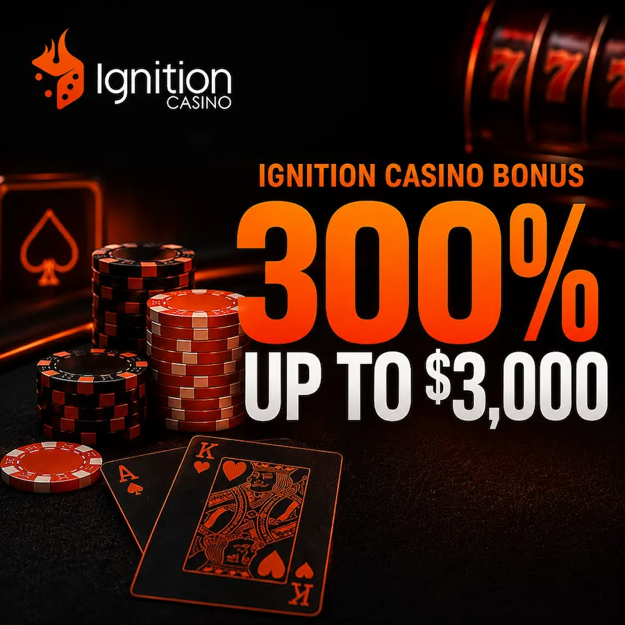 Ignition Casino 300% bonus up to $3,000 with poker chips and playing cards