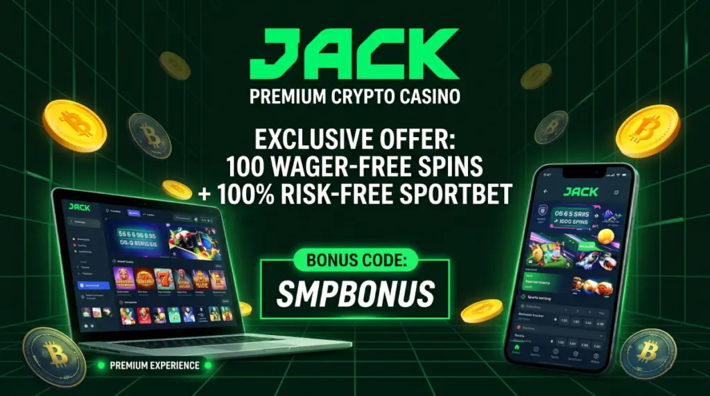 Promotional banner for Jack Premium Crypto Casino highlighting an exclusive offer of 100 wager-free spins and a 100% risk-free sportbet using the bonus code SMPBONUS, featuring a laptop, smartphone, and floating Bitcoins.