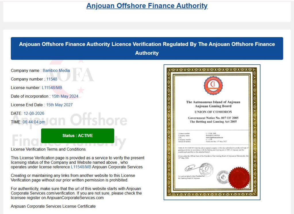 Anjouan licence record for Bamboo Media showing Ignition licence L11548/MB as active