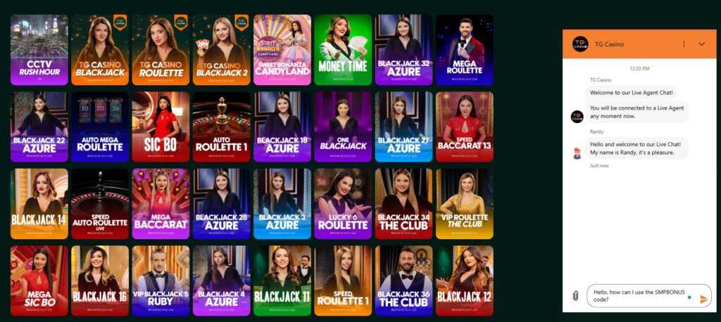 TG Casino live casino lobby with blackjack, roulette and baccarat games beside an open live support chat