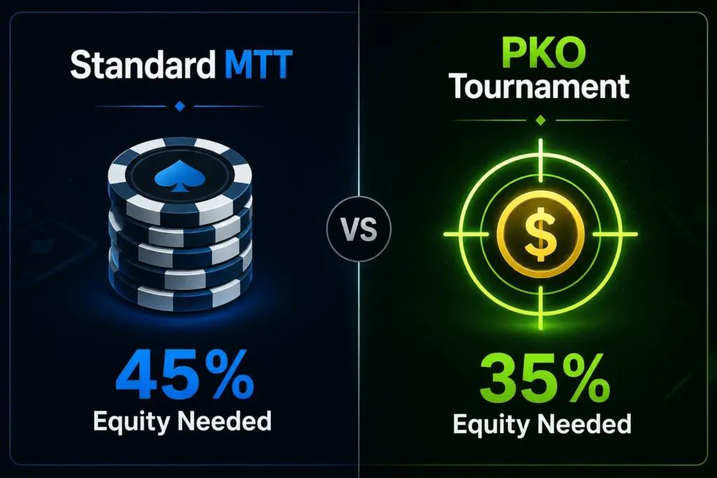 Infographic comparing the required equity for calling an all-in in a standard MTT versus a Progressive KO (PKO) poker tournament.