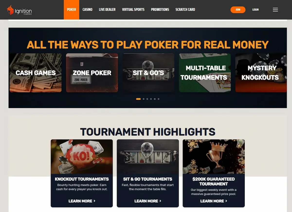 Ignition’s current poker hub lists cash games, Zone Poker, Sit & Gos, multi-table tournaments and Mystery Knockouts, with separate tournament highlights.