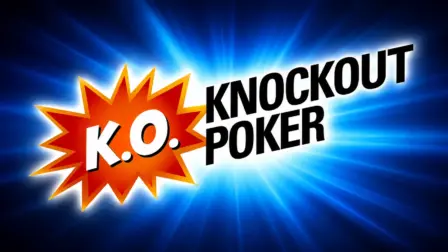 Alt Text: K.O. Knockout Poker text with an explosive red and yellow starburst design on a dynamic blue background.