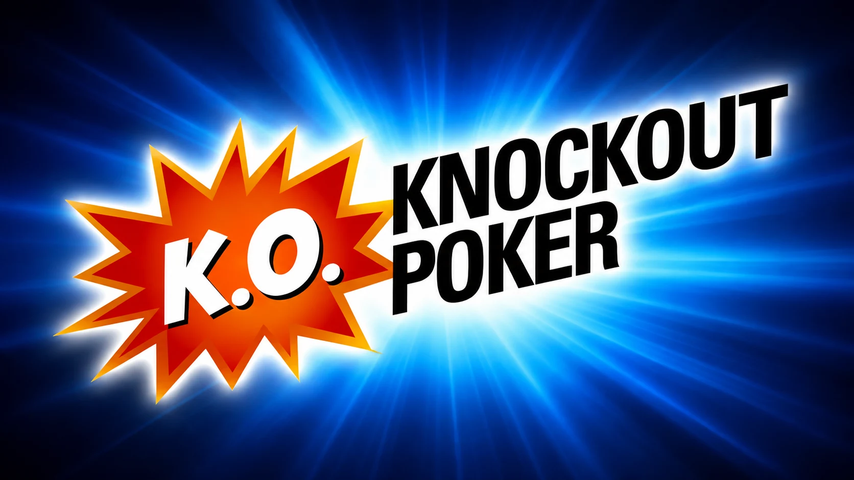 Alt Text: K.O. Knockout Poker text with an explosive red and yellow starburst design on a dynamic blue background.