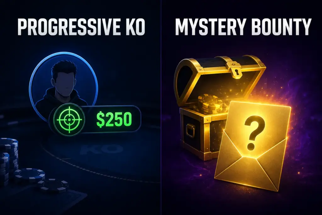 Infographic comparing Progressive KO and Mystery Bounty poker tournament formats.