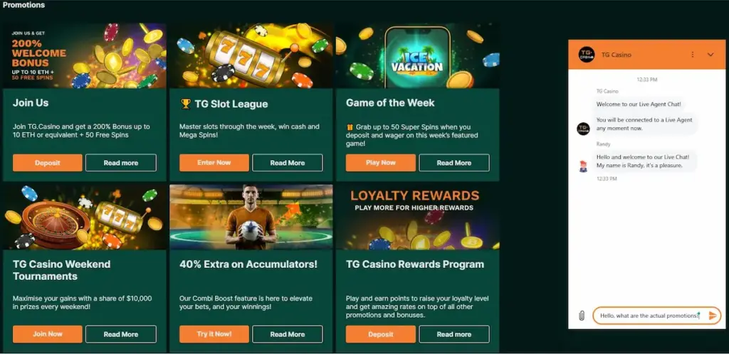 TG Casino promotions page showing the welcome bonus, Slot League, weekly game, weekend tournaments, accumulator boost and rewards program