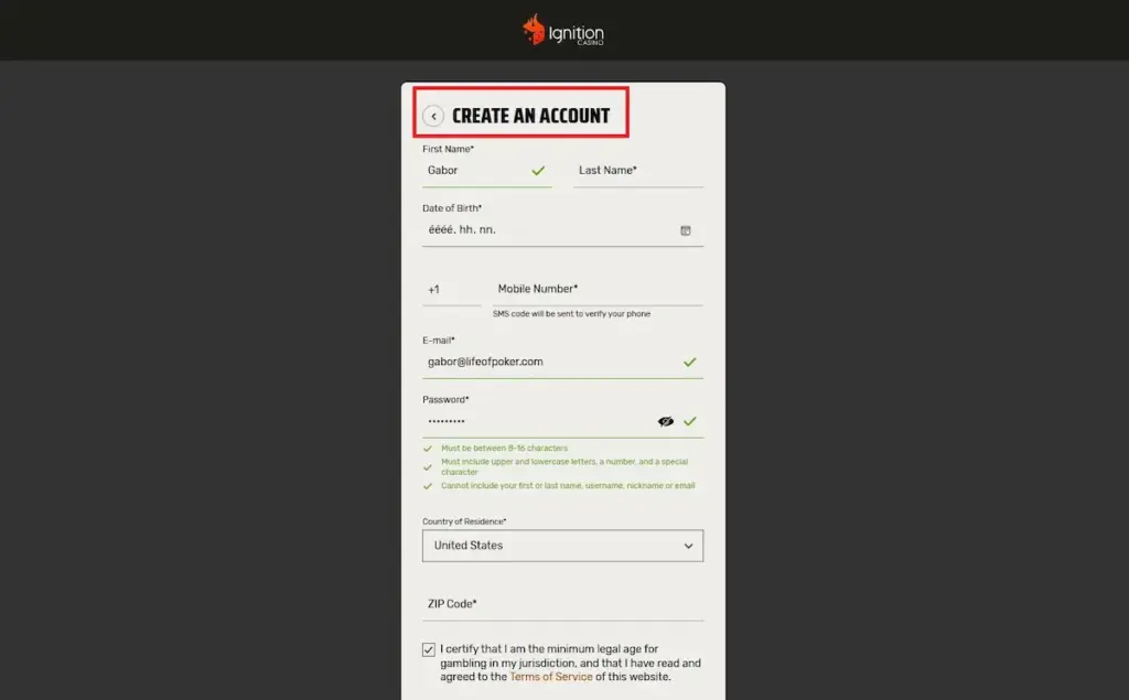 Ignition Casino account form with identity, mobile, email, country and ZIP fields