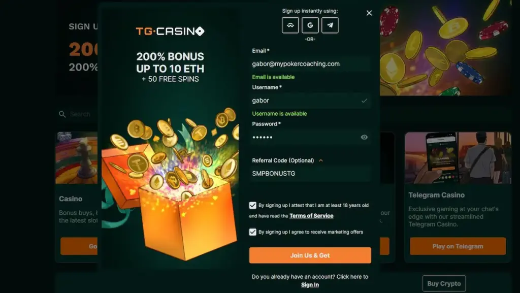 TG Casino registration form with SMPBONUSTG entered in the optional referral code field