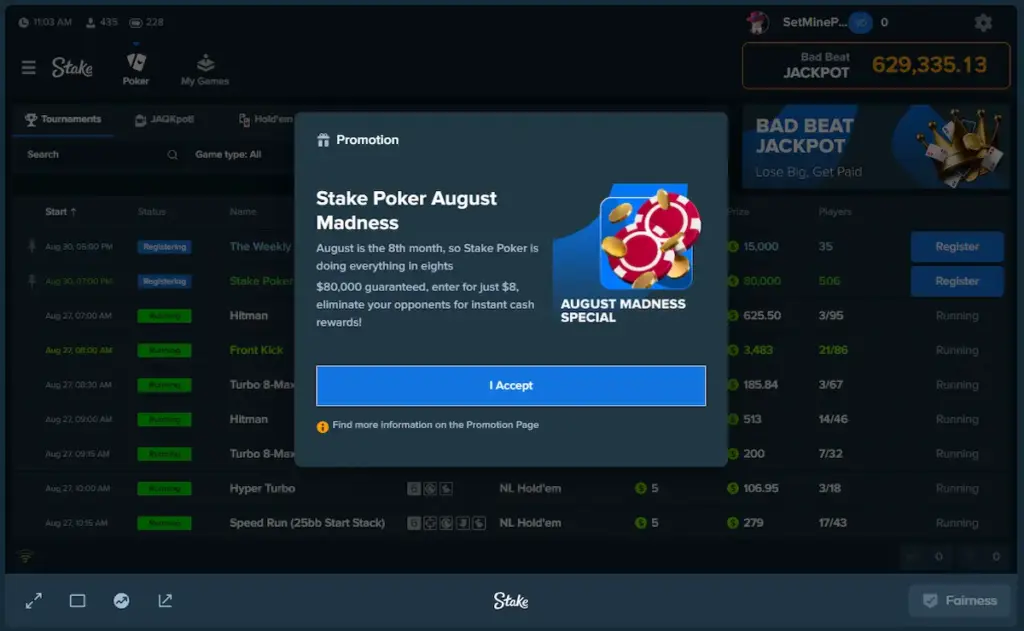 Stake Poker August Madness promotion popup showing the $8 buy-in and $80,000 guaranteed prize pool