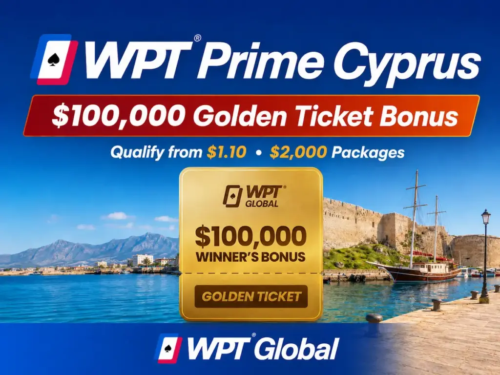 WPT Prime Cyprus 2026 featured image showing WPT Global's $100,000 Golden Ticket Bonus and $2,000 satellite packages