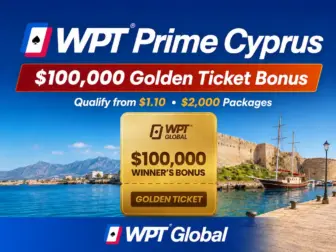 WPT Prime Cyprus 2026 featured image showing WPT Global's $100,000 Golden Ticket Bonus and $2,000 satellite packages