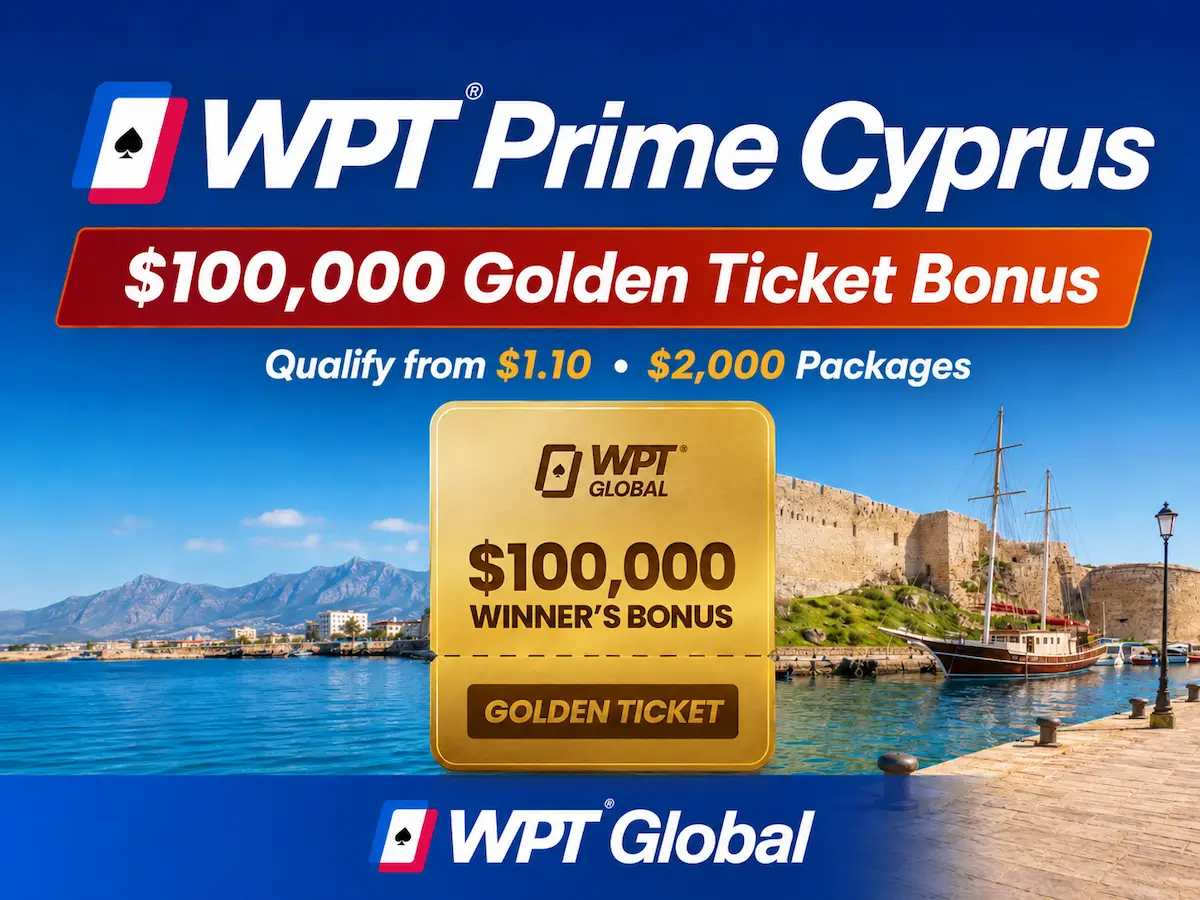 WPT Prime Cyprus 2026 featured image showing WPT Global's $100,000 Golden Ticket Bonus and $2,000 satellite packages