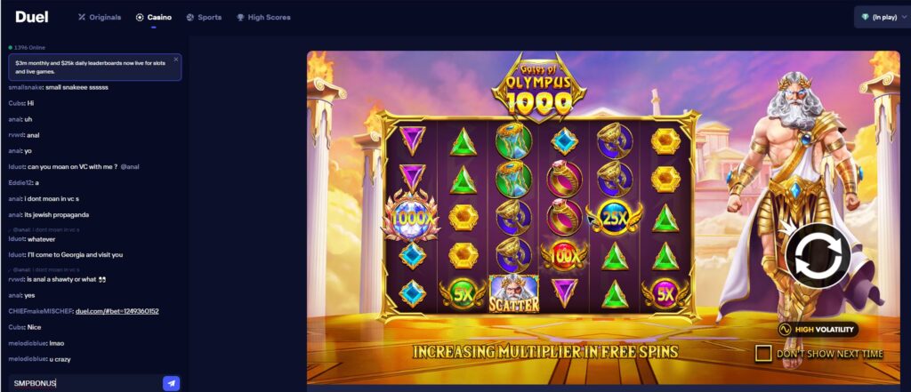 Gates of Olympus 1000 opening screen at Duel Casino showing multiplier symbols and a high-volatility label.
