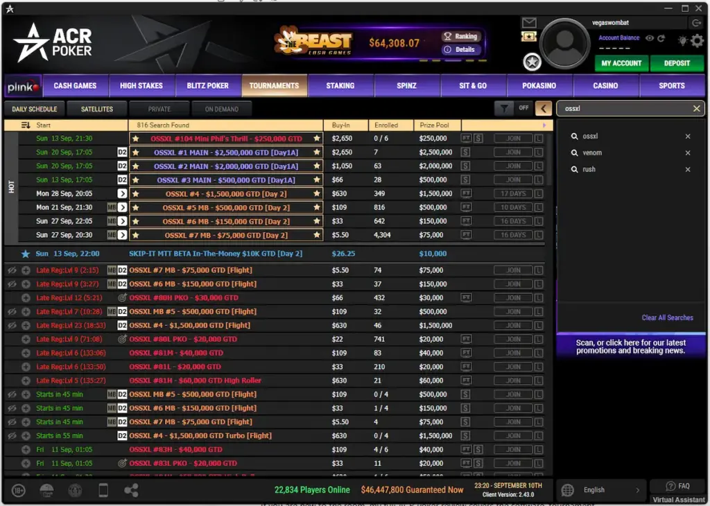 ACR Poker OSS XL multi-day tournaments in the lobby in September 2026