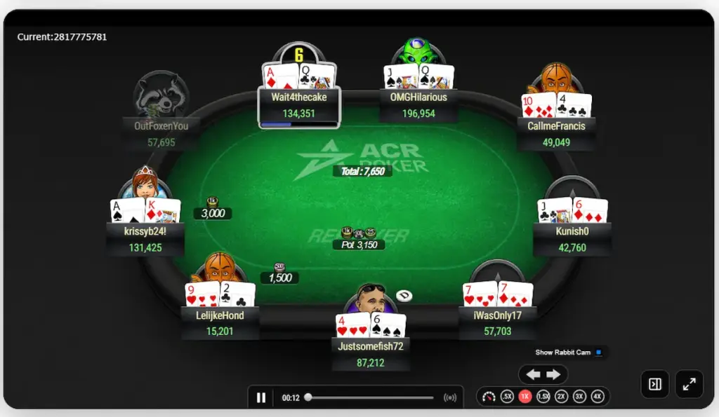 ACR Final Table Replayer showing Phil's Thrill final table with Justsomefish72