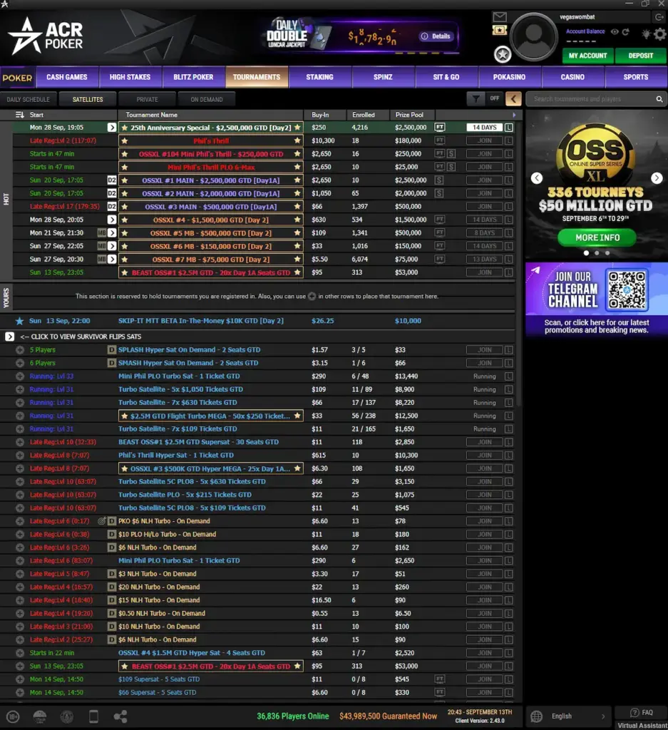 ACR Poker OSS XL lobby on September 13, 2026 with the $66 Main Event in late registration