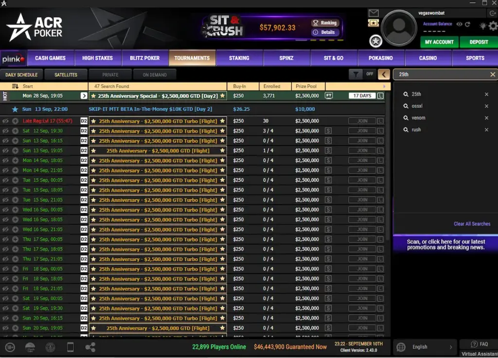 ACR Poker 25th Anniversary Tournament lobby with $2.5M guarantee and upcoming Day 1 flights