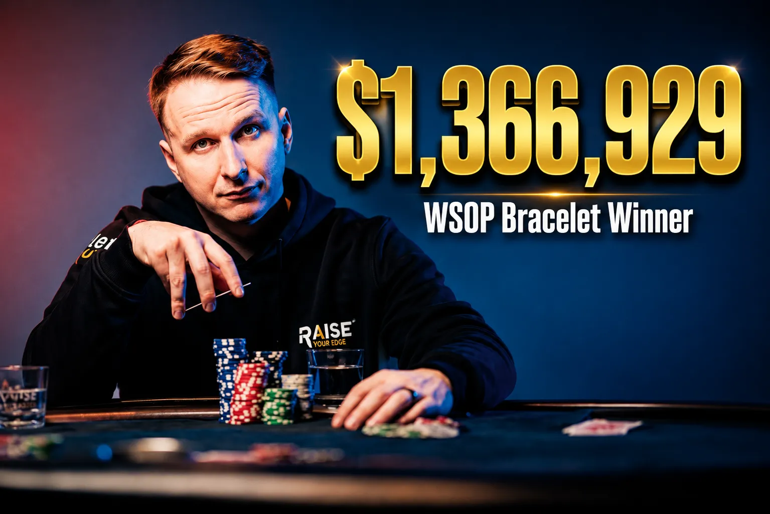 Benjamin Rolle WSOP bracelet winner sitting at a poker table with chips.