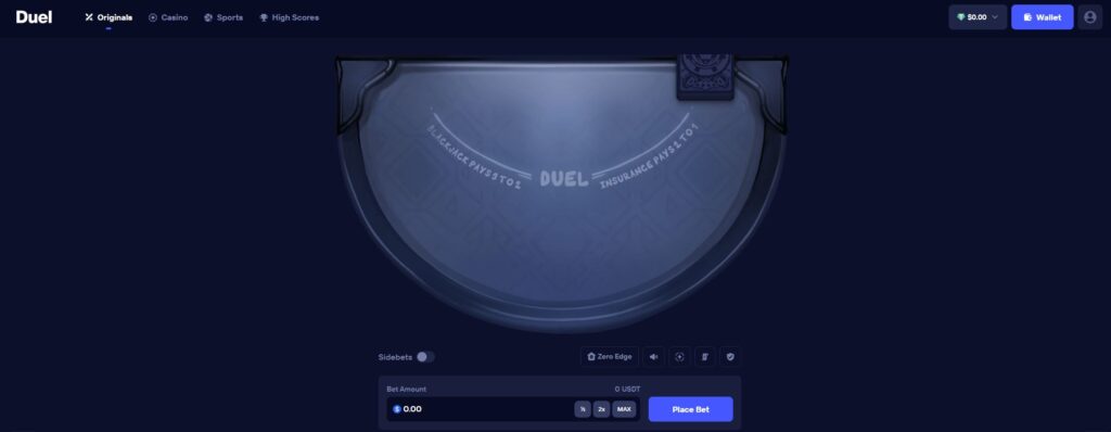 Duel Casino blackjack table showing a Zero Edge label, side-bet toggle, bet controls and a 3-to-2 blackjack payout.
