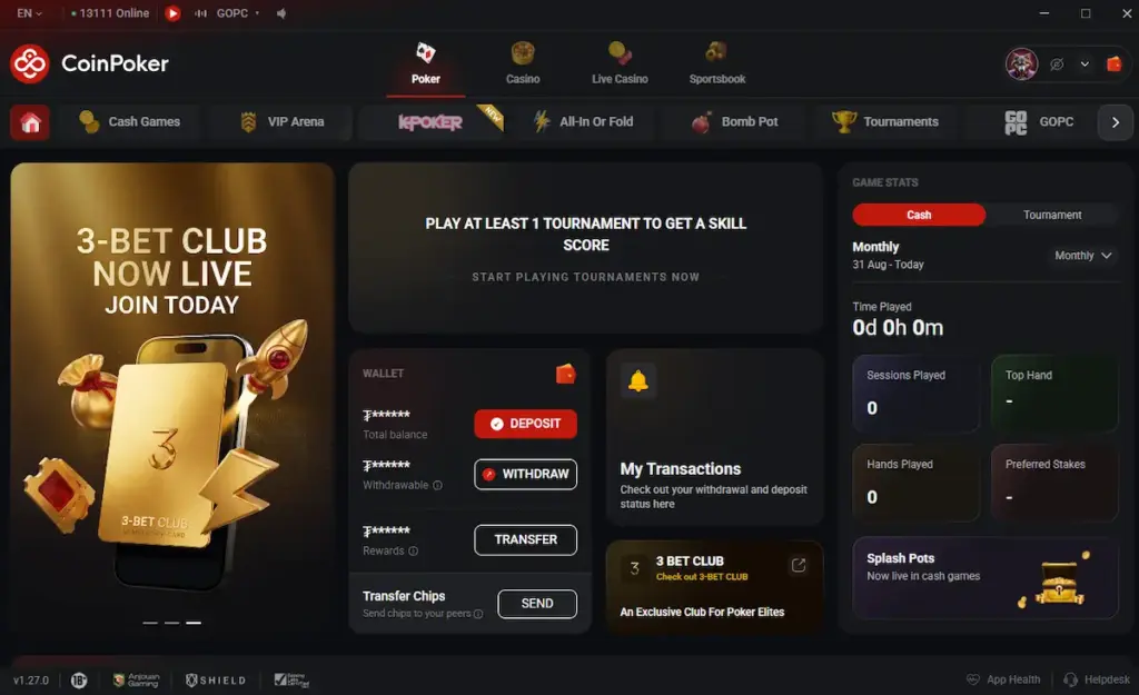 Alt text: CoinPoker client showing the 3-Bet Club membership promotion