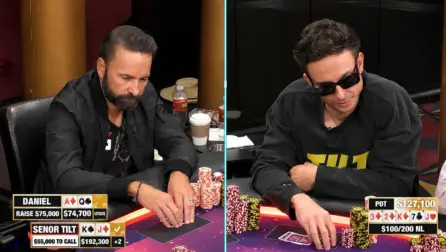 Daniel Negreanu and Sam Senor Tilt Kiki during a Hustler Casino Live hand with a $75,000 river raise