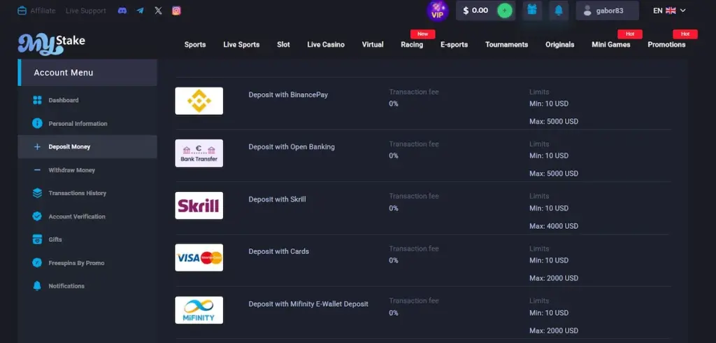 MyStake Casino deposit options: BinancePay, Open Banking, Skrill, cards and MiFinity.