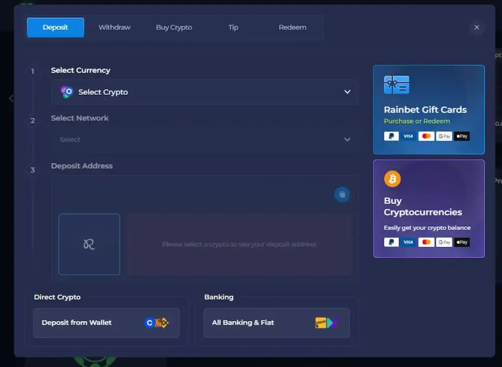 Rainbet deposit window showing cryptocurrency and network selectors, a deposit address area, and wallet and banking options.
