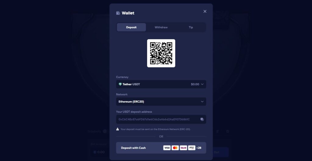 Duel Casino deposit wallet showing USDT, the Ethereum ERC20 network, a QR code and a Deposit with Cash option.