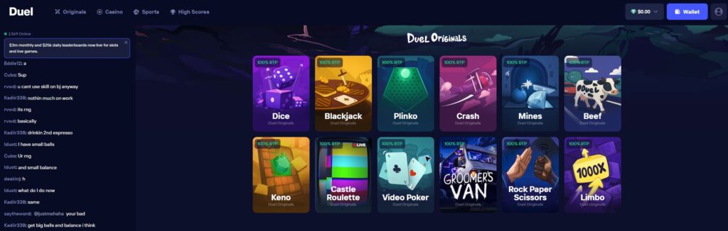 Duel Originals lobby showing Dice, Blackjack, Plinko, Crash and other game cards with advertised 100% RTP labels.