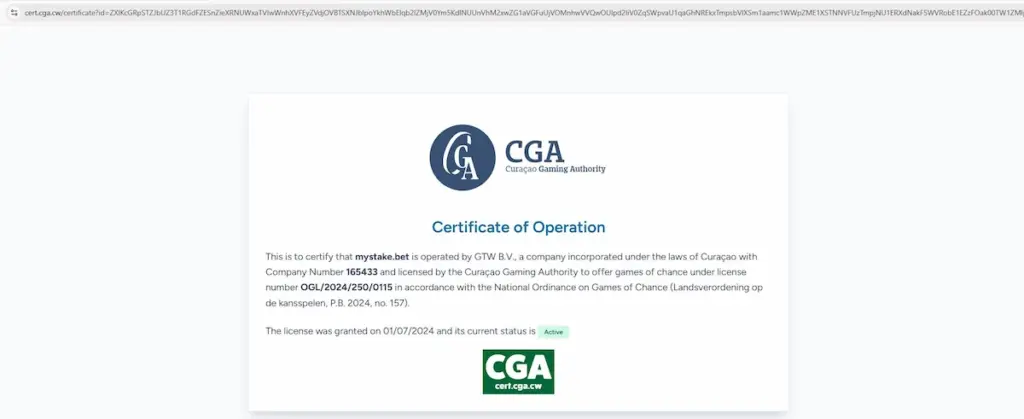 Curaçao Gaming Authority certificate for MyStake Casino operator GTW B.V., showing active licence status.