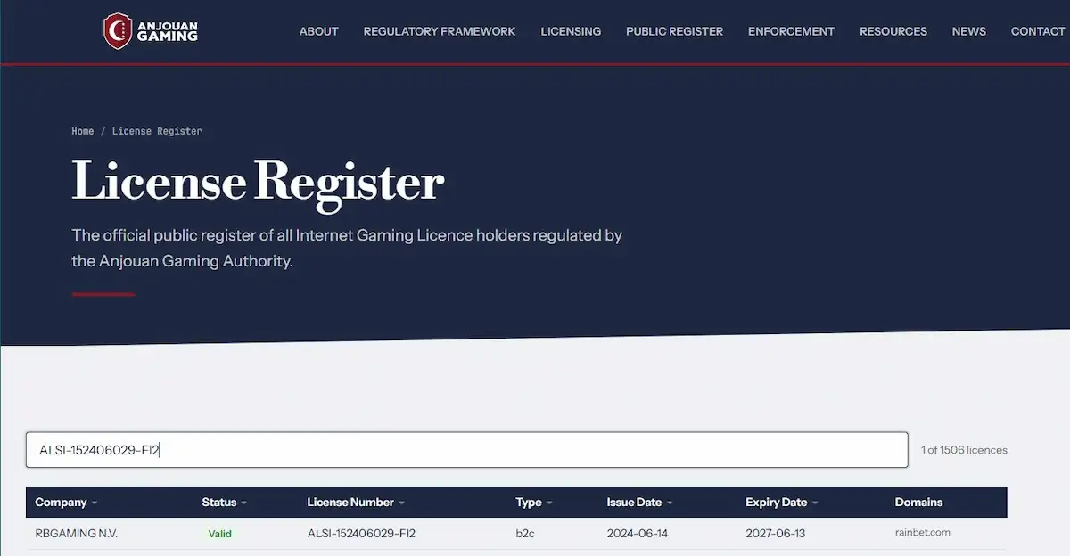 Anjouan license register showing RBGAMING N.V., rainbet.com and license ALSI-152406029-FI2 marked Valid with expiry June 13, 2027.