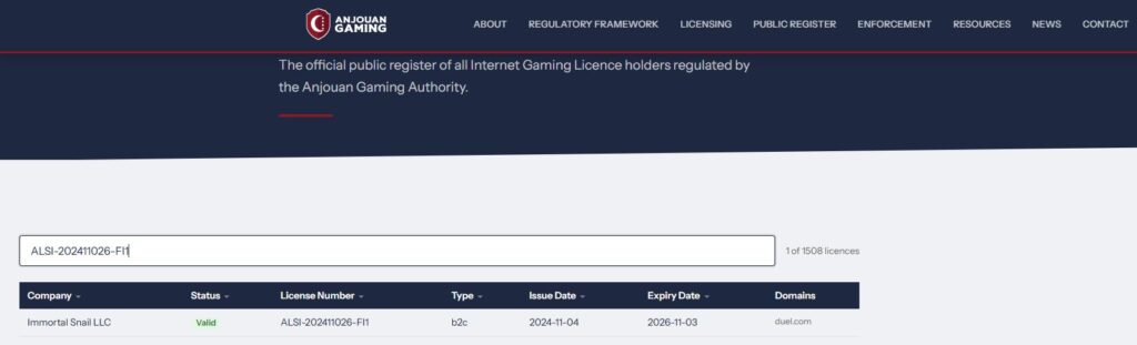 Anjouan register listing Immortal Snail LLC and duel.com under licence ALSI-202411026-FI1 with Valid status.